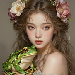 hyperdetailed fantasy portrait of princess and the frog with floral in hair. by greg rutkowski, highly detailed, digital painting, artstation, smooth, sharp focus illustration, artstation hq. intricate, elegant, 8 k, unreal engine. art by wlop and artgerm and ayami kojima. dan mumford, tomokazu matsuyama, takato yamamoto