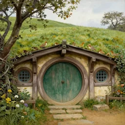 landscape painting of bag end hobbit hole, round door, tolkein, lord of the rings, painting by bob ross