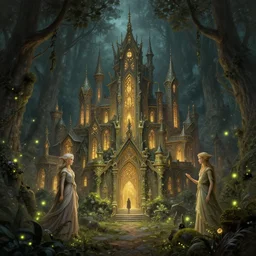 magical forest city of the elves, fireflies, deep focus, d & d, fantasy, intricate, elegant, highly detailed, digital painting, artstation, concept art, matte, sharp focus, illustration, hearthstone, art by greg rutkowski and alphonse mucha and andreas rocha