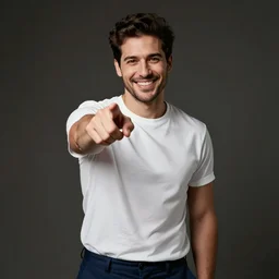 stock photo of man smiling and pointing at the camera, white tee-shirt, blue pants, studio shot