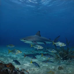 cinematic view of fish swimming underwater, desaturated, ocean bed, one shark on the background, deep blue ocean color, some plant life, psychedelic, tim hildebrandt, wayne barlowe, bruce pennington, donato giancola, larry elmore, oil on canvas, masterpiece, trending on artstation, featured on pixiv, cinematic composition, dramatic, beautiful lighting, sharp, details, hd, hdr, 4 k