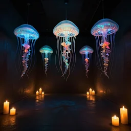 jellyfish museum interior design, bioluminescent, candlelight, sunset glow, dark shadows, octane render, volumetric lighting, raytracing, symmetrical wide shot low angle