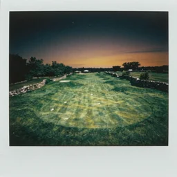 birds eye view of a perfect elysian dreamlike green hilly pastoral psychedelic golf course landscape under stars with stone walls, memory trapped in eternal time, golden hour, dark sky, evening starlight, stone walls, haunted vintage psychedelic Polaroid by Hiroshi Yoshida