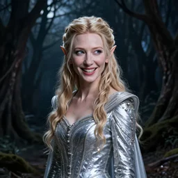portrait of dangerous, playful, mischievous  young Galadriel (Cate Blanchett) as a queen of elves, dressed in a refined silvery costume. The background is a dark!, chilling eastern europen forrest.  night, horroristic shadows, higher contrasts, (((lumnious))), theatrical, character concept art by ruan jia, thomas kinkade, and J.Dickenson, trending on Pinterest