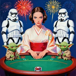 princess leia wearing a japanese kimono sitting at an extremely detailed poker table with yoda and startrooper, fireworks on the background, by andy warhol, by roy liechtestein, canvas, acrylic paint, saturated, ultra - hd