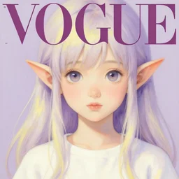 little elf girl, tunic, soft hair. light color palate, purple, yellow and white. detailed soft painting, ayami kojima, made in abyss, anatomically correct, inspired in balthus, high detailed face anime, vogue magazine