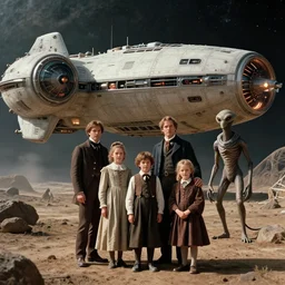 highly detailed, 137438953472k film, 70mm still from a sci fi blockbuster color movie made in 2019, set in 1860, of a family standing in front of a spaceship that has just landed on an alien planet, a humanoid alien creature stands nearby, the family are all wearing 1860s era clothes, good lighting, good photography, ultra high definition