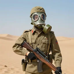 portrait of doll wearing gas mask, soldier uniform, holding rifle, standing in desert, by mark ryden, breathtaking, 8 k resolution, extremely detailed, beautiful