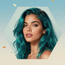 portrait of beautiful dominican woman with dark turquoise hair, confetti in the sky on a hexagon shape, art by j scott campbell, vfx, sharp details
