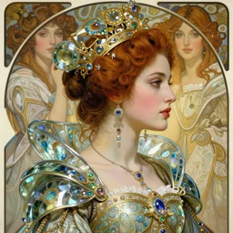 realistic detailed profile portrait of a beautiful futuristic italian renaissance queen in opulent alien glass armor by alphonse mucha, ayami kojima, amano, greg hildebrandt, and mark brooks, female, feminine, art nouveau, ornate italian renaissance cyberpunk, iridescent venetian blown glass, neo - gothic, gothic, character concept design