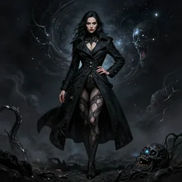 lady in black coat and pantyhose, cosmic horror style, intricate, confident pose, realistic, digital art, highly detailed, art by wlop and peter mohrbacher