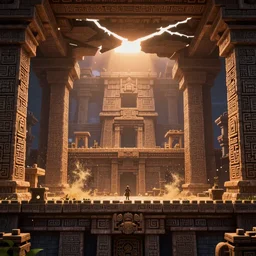ancient mayan temple halls , side-scrolling 2d platformer game level, glittering dust in the air illuminated by the dusk sun through the ceiling cracks, fantasy gigantic religious totem ruins with intricate mayan glyphs, volumetric light , detailed carved ornaments, rich color, upscale , 8k