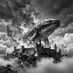 trapped inside burning clouds above castle landscape, burning skyline, giant leviathan emerging from the soil, highly detailed, photograph, black and white