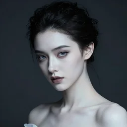 close up, professional studio photo of a young gorgeous goth girl, attractive, beautiful facial expressions, porcelain looking skin, aesthetically pleasing, introverted, elegant hairstyle, graceful slim body, dressed in white, dark moody lighting, by annie leibovitz and boris vallejo, epic atmospheric, intricate, neat