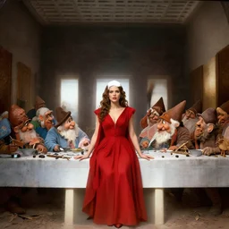 film still dnd symmetric last supper, kate beckinsale red dress at center, dwarfs brown, orcs green, skeletons white, 8 k, deep focus, fantasy, intricate, elegant, highly detailed, digital painting, artstation, concept art, matte, sharp focus, illustration, hearthstone, art by artgerm and greg rutkowski and alphonse mucha