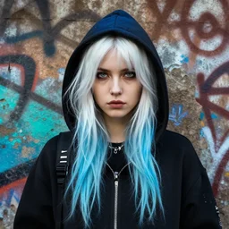 highly detailed portrait of a sewer punk swedish lady, hoodie, white hair by atey ghailan, by greg rutkowski, by greg tocchini, by james gilleard, by joe fenton, by kaethe butcher, gradient blue, black, brown and cyan color scheme, grunge aesthetic!!! ( ( graffiti tag wall background ) )