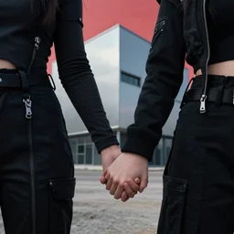 cinestill 5 0 d photographic portrait of 2 women holding hands, wearing black techwear in front of a brutalist brushed metal building, closeup, on a desolate plain with a red sky, dystopia, cyberpunk, closeup, depth of field, 4 k, 8 k, hd, full color