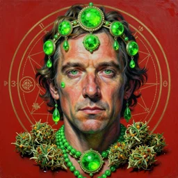 hyper realistic portrait painting of bill murray ( intrincate detail, hot neon green ornaments, marijuana ) wet, marijuana buds, by saturno butto, boris vallejo, austin osman spare and david kassan, by bussiere. occult art, occult diagram, red and green color scheme.