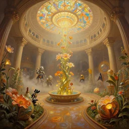 fish eye lens, minimalist 3 d fractal oil painting by donato giancola, warm coloured, cinematic scifi bioluminescent luxurious futuristic foggy steam filled victorian garden circular cathedral interior with microscopy minimalist stained glass flowers growing out of pretty bulbous ceramic fountains, gigantic pillars and flowers, maschinen krieger, beeple, star trek, star wars