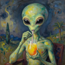 an alien drinking horchata, detailed, painting by marc chagall