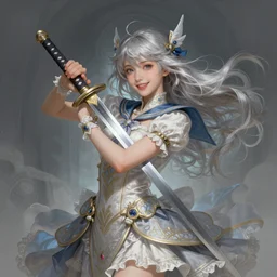 portrait of magical sailor girl with samurai sword, dreamy and ethereal, silver hair, happy expression, ornate frilly dress, fantasy, intricate, highly detailed, digital painting, artstation, concept art, smooth, sharp focus, illustration, art by artgerm and greg rutkowski and alphonse mucha