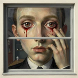 window eyes, blood enriched by iron, penetrated and scorched, one must withhold he celebrated his doom, avant garde post - morden monumental dynamic interior portrait by magritte and edward hopper, illusion surreal art, highly conceptual figurative art, intricate detailed illustration, controversial poster art
