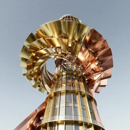 “low angle shot Beautiful Form finding HIGH RISE MORPHOLOGIES parametric performative design beautiful forming a vortex swirling into the sky dressed in amazing beautiful brass and oxidised copper color designer clothes, realistic octane render”