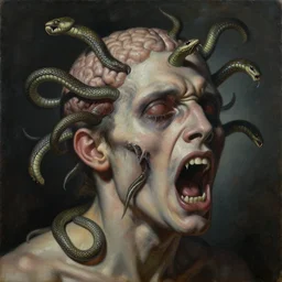 an oil on canvas painting of a screaming decapitated man's partially decomposing face with many biting serpents slithering out of his exposed brain, a surrealist painting, polycount, surrealism, surrealist, lovecraftian, cosmic horror, high detailed