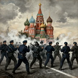 moscow russian police riot, by hieronymus bosch