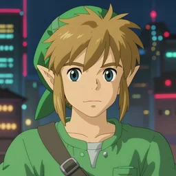 anime fine details portrait of Link in front of cyberpunk moder city landscape on the background deep bokeh, close-up view, anime masterpiece by Studio Ghibli. 8k, sharp high quality anime, artstation