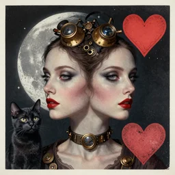 Collage art combines a beautiful woman with a symmetrical face with a moon, cat and heart,surreal, beautiful,steampunk style dave mckean , beautiful and creepy , silkscreen, textures, epic composition, golden ratio, high quality printing,