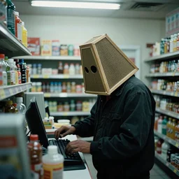 Pyramid Head working at a convenience store, cinematic, gloomy, horror, cinestill 400t film