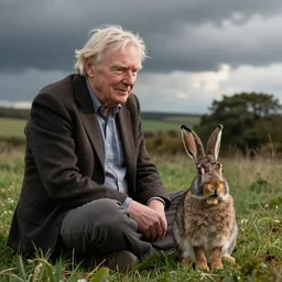 david attenborough sitting next to a snarling angry rabbit, still from nature documentary