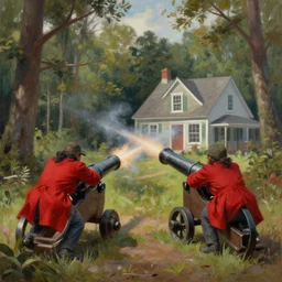 a painting of 2 red coats firing a cannon at a house in the middle of the woods, 3 d octane render.