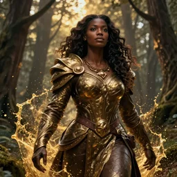 portrait, a beautiful dark skinned female dungeons and dragons wizard, in the forest, dramatic lighting, strong broad robust figure, by donato giancola and greg staples, smooth, intricate, highly detailed, golden hour, splash art, high fantasy