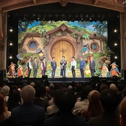 k - pop group bts putting on a concert in hobbiton from lord of the rings, hobbits standing around stage watching, realistic, photograph shot from behind crowd facing the stage,