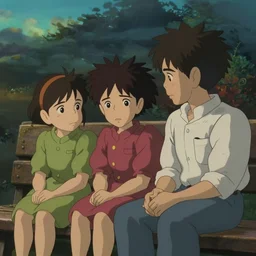 animation key shot, a family with sorrow faces sitting on a bench, dramatic sky, close up shot, studio Ghibli, Pixar and Disney animation, sharp, Rendered Unreal Engine 5, film key art, Greg Rutkowski, Bloom, dramatic lighting