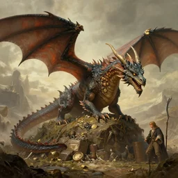 Beautiful hyperrealistic detailed matte painting of a dragon on its hoard, looks like it's from lord of the rings and bazaar by greg rutkowski, andreas rocha and john howe, and Martin Johnson Heade,featured on artstation, ultrawide angle,f16 , golden ratio, f32, well composed, cohesive