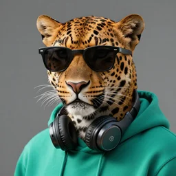 a photorealistic illustration of a leopard wearing black sunglasses with a teal green hoodie. beats headphones wrap around his neck. hyper detailed. this 4 k hd image is trending on artstation, featured on behance, well - rendered, extra crisp, features intricate detail, epic composition and the style of unreal engine.