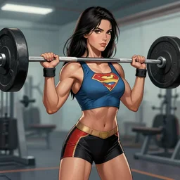 an beautiful woman superhero lifting weights in a bar, digital illustration, in the style of greg rutkowski, intricate, amazing detail, sharp