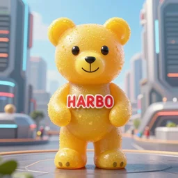portrait of haribo bear in future city, color and shape focus, cnetral composition, natural light,