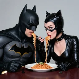 batman and catwoman eating spaghetti as in lady and the tramp, romantic, studio light, by terry richardson, 8 5 mm