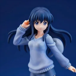 still figurine of anime girl in elegant sweater, eyes by makoto shinkai, eyes by kon satoshi, personification, dynamic pose, detailed product photo, featured on amiami, deep blues, tone mapped, beautiful composition, 8 5 mm, f. 1 4