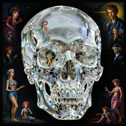 a crystal skull by _ beeple, artgerm, _ aaron _ horkey _ amanda _ sage _ bauhaus _ anton _ pieck _ bernie _ wrightson _ barclay _ shaw _ frank _ stella _ anne _ stokes _ alena _ aenami _ angus _ mckie, alex grey, akira toriyama, hp lovecraft, andre masson, surreal, art station,