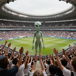 “Human holding hands of alien, set in a large stadium full of approving onlookers, Moebius, Artstation”