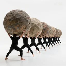 long horizontal line-up of many sisyphus pushing a huge boulder through an empty space, white background, dance performance photography