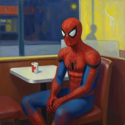 spiderman sitting down in a diner. Painted oil on canvas. In the style of Nighthawks 1942 Painting by Edward Hopper