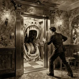 action scene sepia painting of a 1 9 2 0 s hotel horror open elevator door looking like a fanged mouth, h. p. lovecraft, m. c. escher, h. r. giger, atmospheric lighting, brooding, painted, intricate, ultra detailed, well composed, best on artstation, cgsociety, epic, horror, stunning, gorgeous, intricate detail, much wow, masterpiece, cinematic aesthetic octane render, 8 k hd resolution,