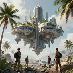 a matte painting of high - tech floating city earthquake, concept art, gravels around, coconut palms, weightlessness, reverse, by yang qi, romain jouandeau, quy ho, karol bak, beeple, 4 k, unreal engine, vray render, artstation