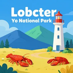 Welcome to Lobster Ridge National Park! Mountains, Light House, Lobster, Colorful, Vibrant, Digital Art, Tourism Poster